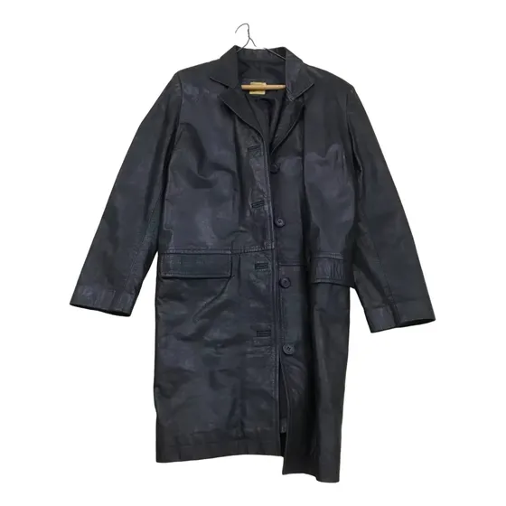 Chaqueta Sobretodo De Cuero Negro Corte Largo