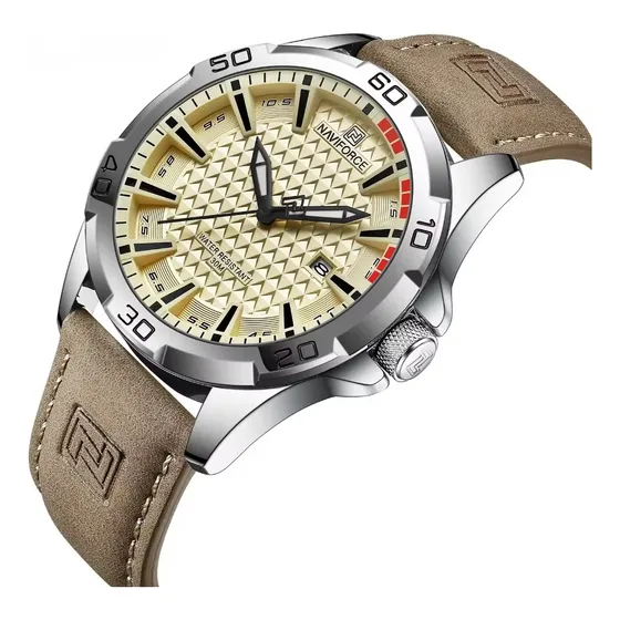 Reloj De Pulsera Deportivo Para Hombre Naviforce Nf8023 Correa Marrón Claro Bisel Plateado Fondo Ocre