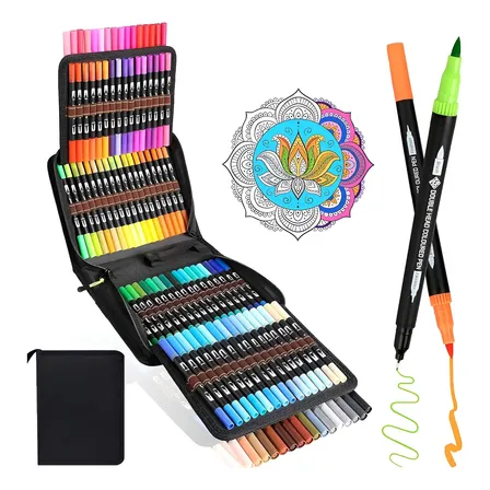 Caneta Kit 100 Cores Brush Pen Duas Pontas Lettering Escolar