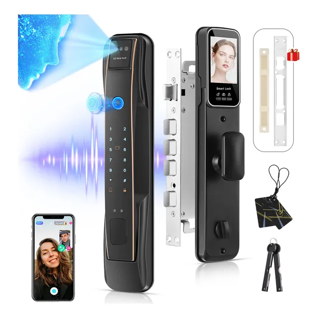 NPCFFY Cerradura Digital Inteligente Con App Walkie Intercomunicación Y Reconocimiento Facial, Lock Seguridad Smart Electrónica De 6 Desbloquear Con Wifi Control Remoto Y Pantalla, Derecha/izquierda