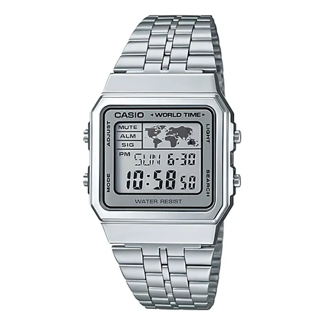 Reloj de pulsera digital Casio A500 con correa de acero inoxidable de color plateado, fondo blanco/gris