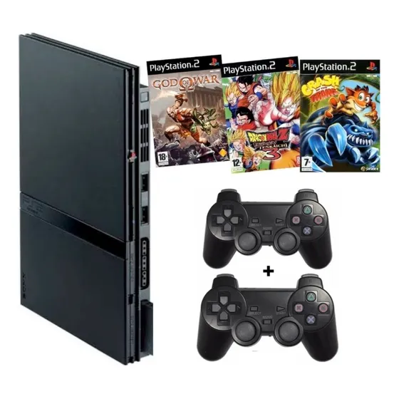 Playstation 2 Ps2 Slim Completo + 2 Controles + Jogos Leitor (Recondicionado)