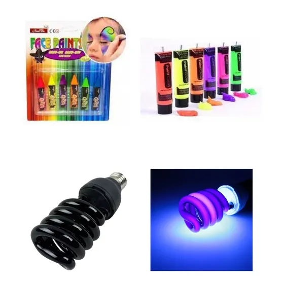 2 Ampolletas Ultravioleta+5 Pinturas Flúor+maquillaje