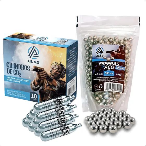 Kit 500 Esferas Munição Aço Níquel 6mm + 10 Cilindro Co2 12g