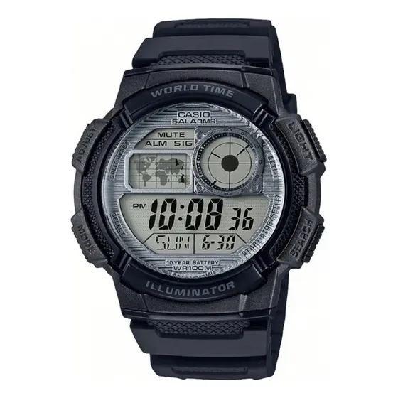 Reloj pulsera digital Casio AE-1000W-1AV con correa de resina color negro - fondo gris