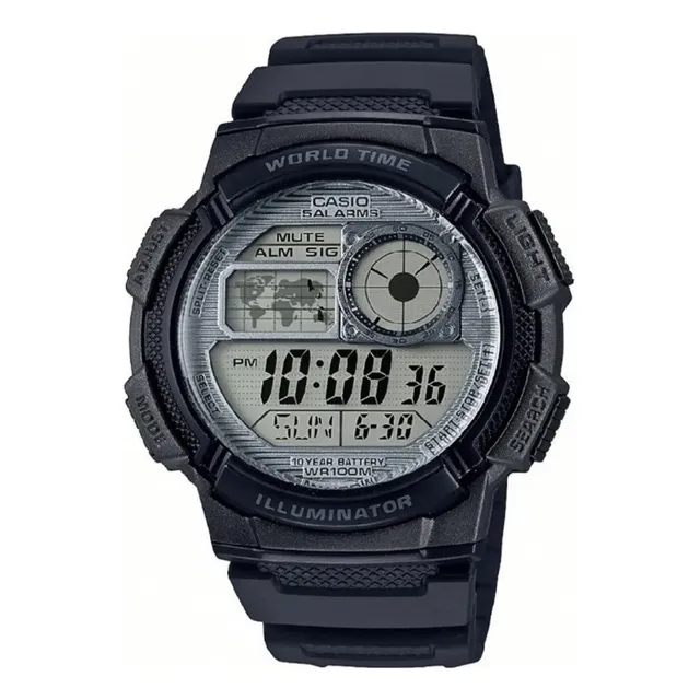 Reloj pulsera digital Casio AE-1000W-1AV con correa de resina color negro - fondo gris