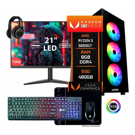 Pc Gamer Completo Ryzen 5 5600g, 8gb Ddr4, Ssd 480gb, Vega 7