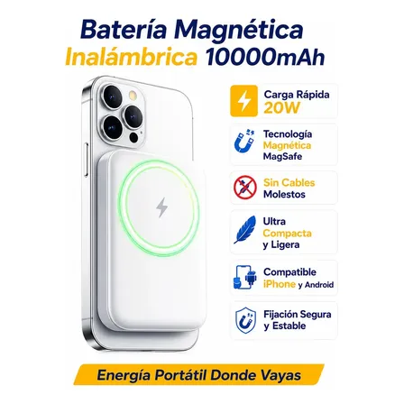 Power Bank Magnético Inalámbrico De 10000mah Con Carga Rápida 22.5w Para iPhone Magsafe Y Android Blanco