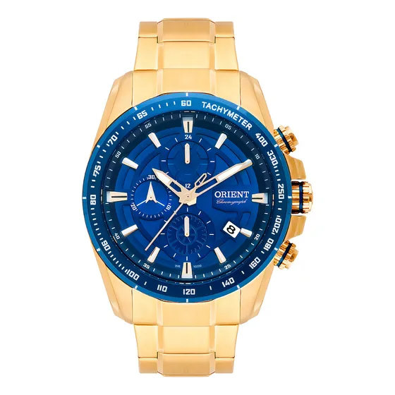 Relógio Orient Masculino Dourado A Prova D'água 100 Metros Cor do bisel Azul Cor do fundo Azul