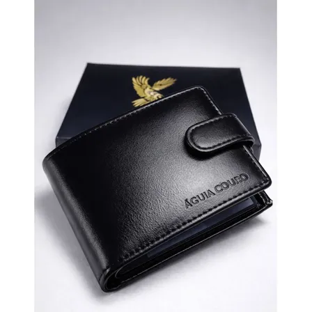 Carteira Masculina Couro Legítimo Com Fecho E Porta Cartões Preto Liso