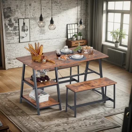 Mesa Comedor Con Bancas Repisas Multifuncional - Industrial Marrón Oscuro Negro