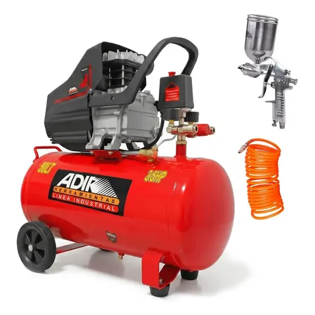 Kit Compresor 3.5hp 50 Lts Manguera Y Pistola De Gravedad 115psi Doble Manómetro Portátil Ruedas Adir 2040k Color Rojo