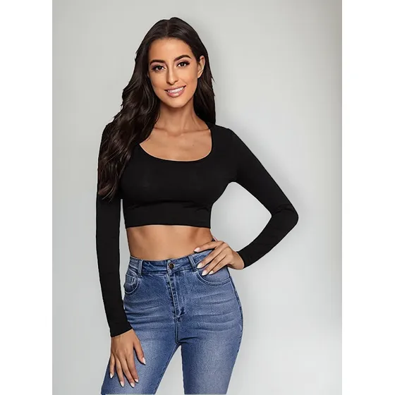 Camiseta Manga Larga Mujer Crop Tops Moda Cuello Cuadrado