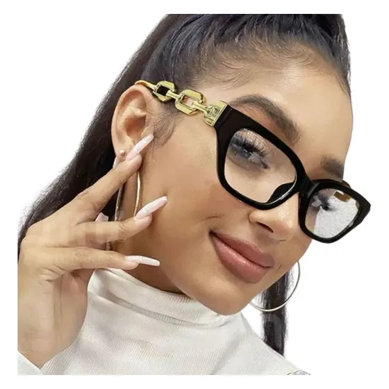 Oculos Preto Grande Armação De Grau Gatinha Haste Corrente