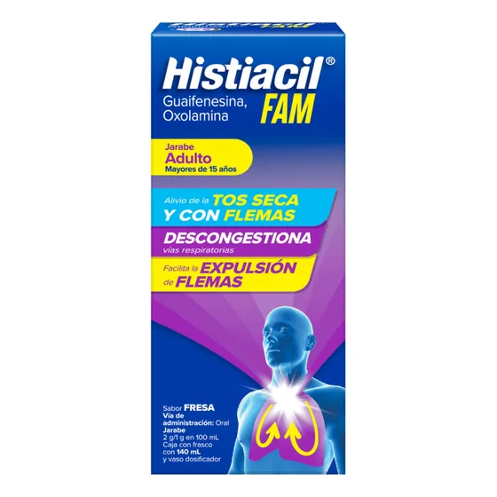 Histiacil FAM Jarabe Adultos Fresa 140 ml. Con Acción 3 en 1: Alivio de la Tos Seca y con Flemas, Descongestiona y Facilita la Expectoración
