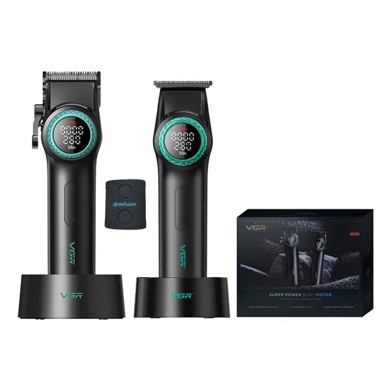Set Maquina Cortar Pelo Vgr Barbería Profesional Clipper V-001 Motor BLDC Y Trimmer V-977 Color Negro