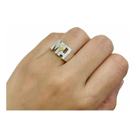 Anillo Plata 925 Corazón Oro Iniciales Caladas Rectangular 