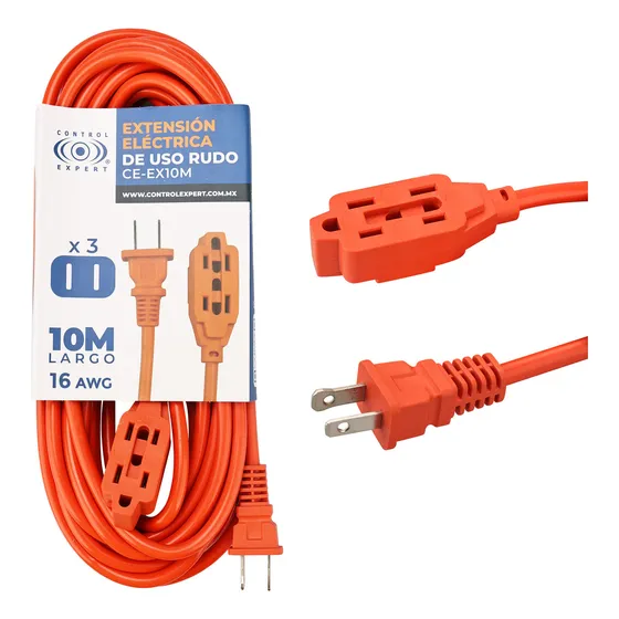Extensión Eléctrica Uso Rudo 10 Metros Reforzada Color Naranja