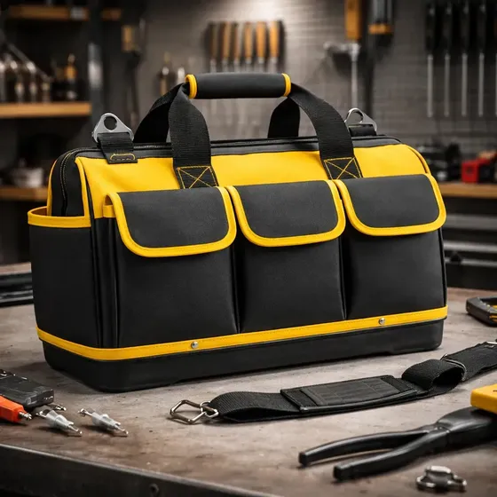 Bolsa Maleta De Ferramentas Grande Reforçada 16 Bolsos Para Eletricista E Profissionais - Fundo Firme Em Borracha - Preto E Amarelo