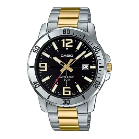 Reloj de pulsera Casio Dress MTP-VD01 de cuerpo color plateado, analógico, para hombre, fondo negro, con correa de acero inoxidable color plateado y oro, agujas color dorado, blanco y rojo, dial blanc