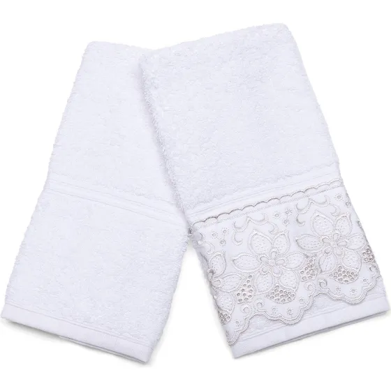 Toalha De Mão Algodão Bordado Lavabo Banheiro Social Kit 2pç Cor Branco Kit Social