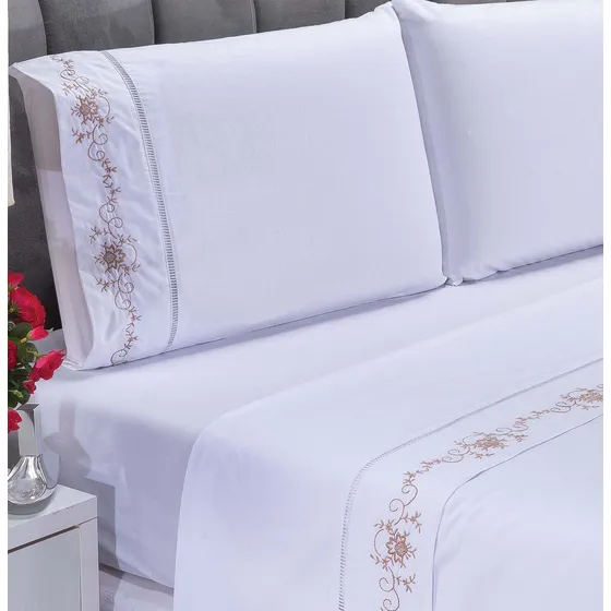 Lençol Padrão Casal Percal Fluence Branco Com Caki 4pçs