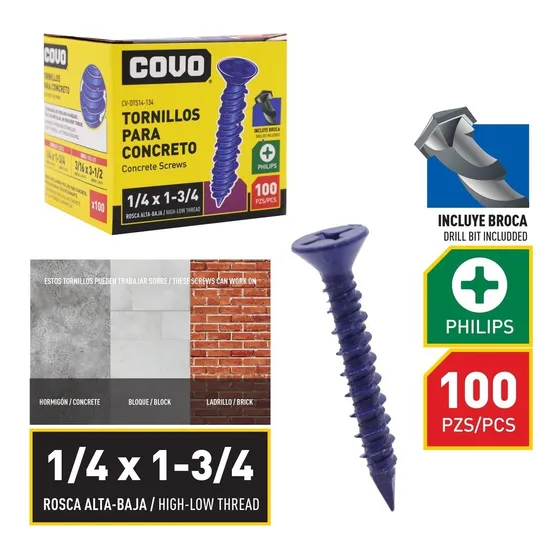 Tornillo Para Concreto 1/4 X 1-3/4 Pulgadas X 100 Unid Covo