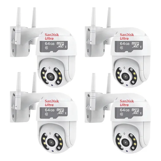 Kit 4 Câmeras De Segurança Ip Rotativa + 4 Cartões De 64gb Cor Branco