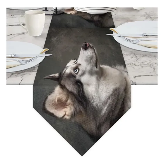 Camino Mesa Diseño Perro Husky 182 Cm Largo Lino Para Cena X