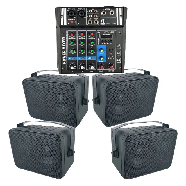 Amplificador Sonido Ambiental 4 Bafles Ambientales Bocinas Color Negro