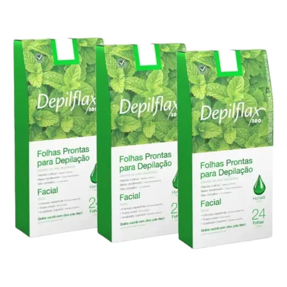 3 Cx Folhas Facial Depilação Cera Depilflax Hortelã 72 Ud.