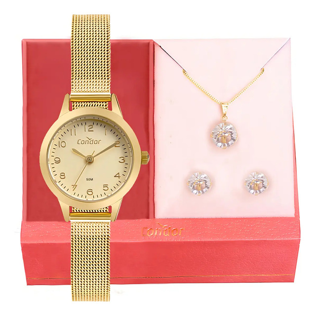 Relógio Feminino Condor CO2035MZS/K4X 25 Milímetros Dourado Pequeno Pulseira Mesh Luxo com Kit Colar e Brincos Prova D´agua 50m
