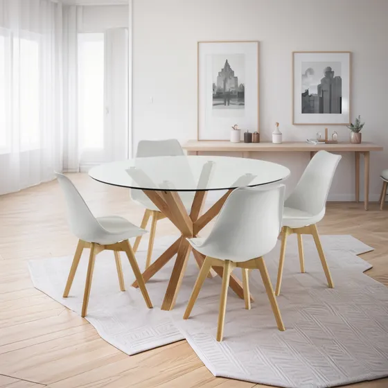 Mesa Tulip Redonda Escandinava Vidrio + 4 Silla Alto Impacto