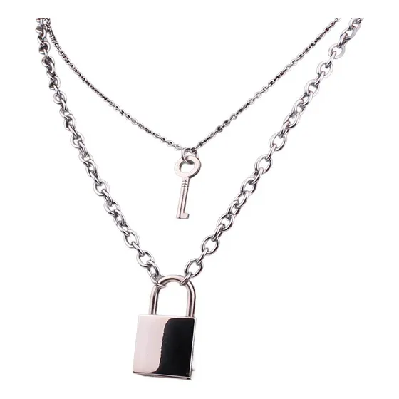 2 Collar Cadena Colgante Candado Llave Se Abre Rockpunk Color Plateado
