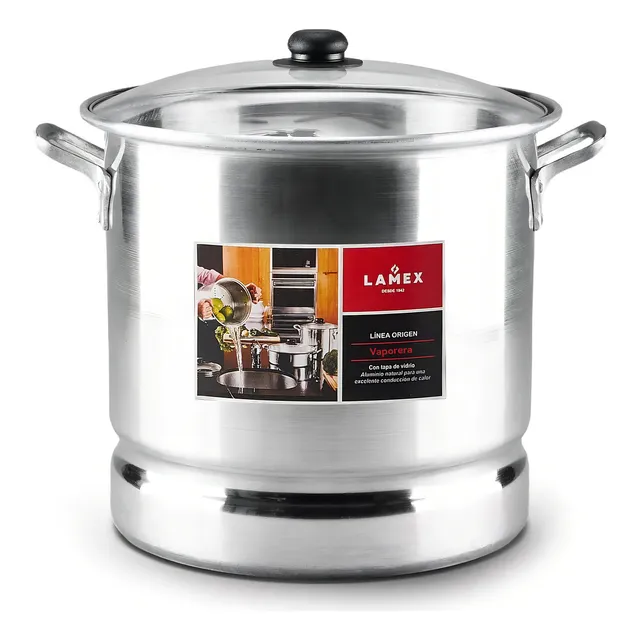 Vaporera Lamex De Aluminio 34 Litros Con Tapa De Vidrio Color Gris