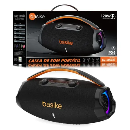 Caixa De Som Basike Ba-RAD207 Edição Atualizada 120W Rádio FM Bluetooth 5.3 TWS RGB Bass Boost 9000mAh Preto