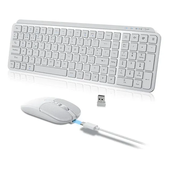 Free Wolf P11 Kit Teclado y Mouse Inalámbrico QWERTY Español, Kit Teclado y Ratón Portátiles con Ñ, Silencio Teclado y Ratón, Hasta 20 M de Distancia, Compatible con Windows,Linux,Mac,Blanco