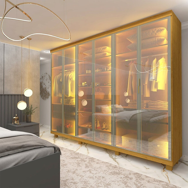 Guarda-roupa Casal 6 Portas Reflecta Com Pés E Led Naturale Guarda-roupa Casal 6 Portas Reflecta Com Pés E Led Naturale