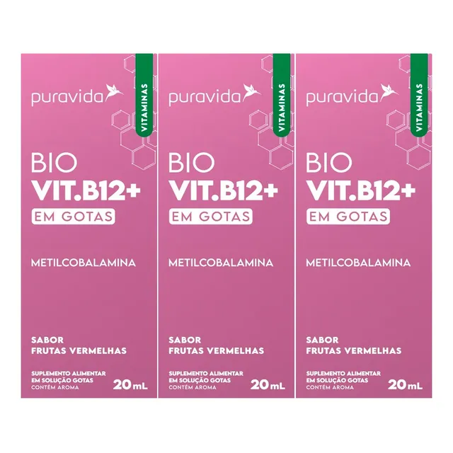 3x Vitamina B12 Drops Metilcobalamina Biodisponível Puravida