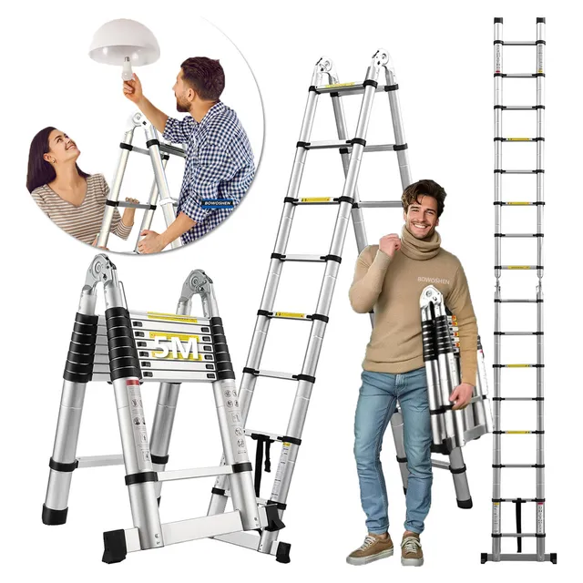 Escalera De Aluminio Tijera Extensible 5m Escalera Telescopica Plegable De 16 Peldaños Escalera Extensible Retráctil y Plegable Portátil Escalera Fácil De Guardar Capacidad De 150 Kg