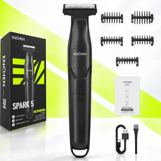 Barbeador Elétrico Enchen Spark 5 Sem Fio 2 em 1 (Barbeador + Aparador), Aparador de Pelos com Uso Seco e Molhado, Lâmina Ultrafina, 90 Min de Autonomia, para Barba e Corpo, 5 Pentes Guia