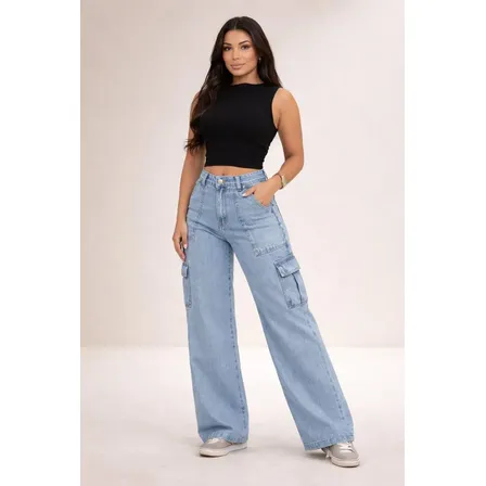 Calça Jeans Cargo Feminina Wide Leg Cintura Alta Modelagem