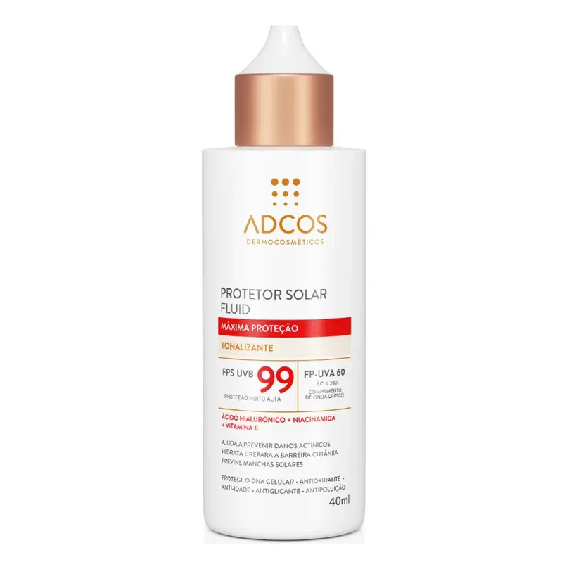 Frasco branco de Protetor Solar Fluid Adcos FPS 99 Tonalizante com tampa dourada, contendo 40ml de produto.