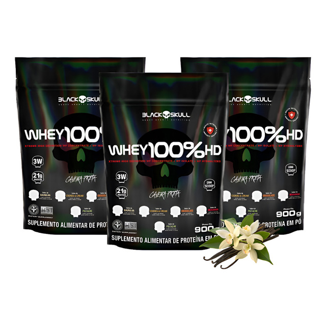 Whey Protein 100% Hd Kit 3 Unidades Suplemento Black Skull Sabor Baunilha
