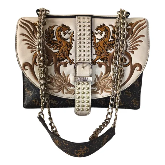Hermosa Cartera Guess Bordada (original Usado) Marrón Floreado Acero Inoxidable Plateado