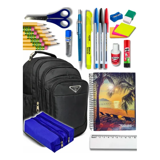 Kit Material Escolar Completo Mochila Caderno Lapis Ensino