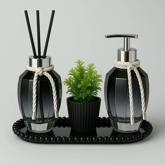 Kit Lavabo Banheiro Luxo Difusor Aromatizador De Ambiente Com Bandeja E Sabonete Líquido Cor Preto
