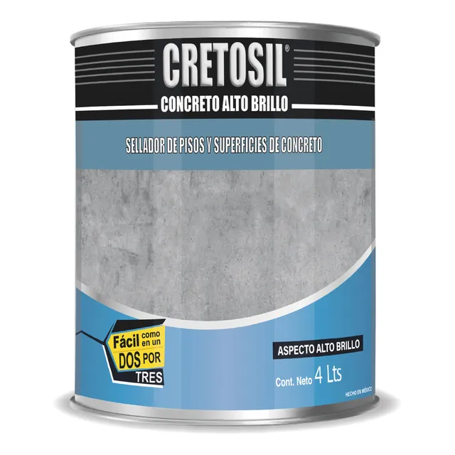 Cretosil Concreto Sellador / Barniz para Pisos y Superficies De Concreto y Similares. Apariencia Mojado " Wet-Look " Aspecto Alto Brillo. 4 Lts. 100% Acrílico.