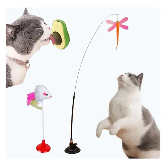 Kit 3 Brinquedo Gato Varinha Com Ventosa Fixa Chao Catnip