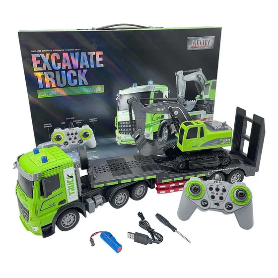 Camion Con Excavadora Control Remoto Luz Sonido 1:12 Ft996 Color Verde